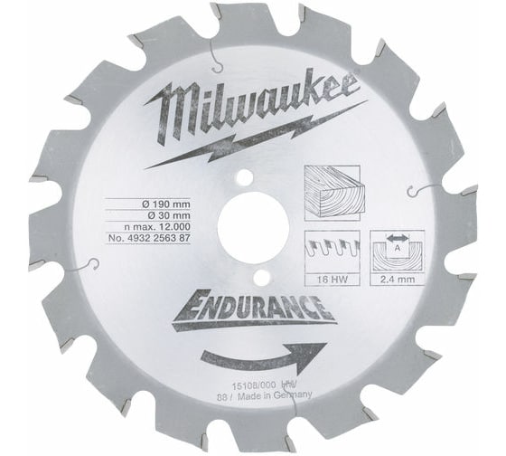 Диск пильный 190х30 мм, 16 зуб. MILWAUKEE 4932256387