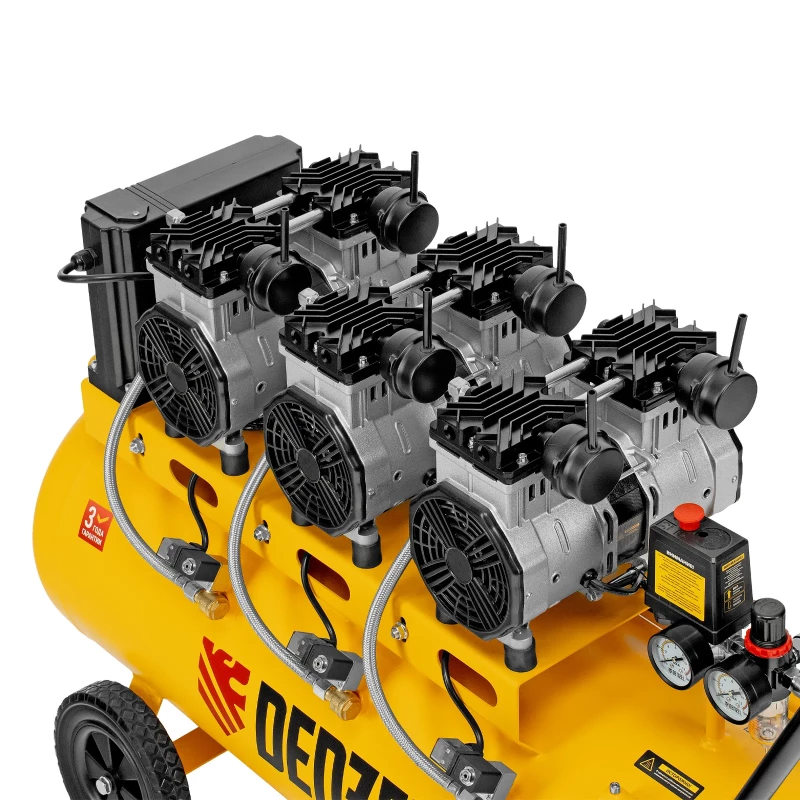 Компрессор безмасляный, малошумный DLS 3300/100, 3300 Вт,3x1100, 100 л, 570 л/мин ,блок управления Denzel
