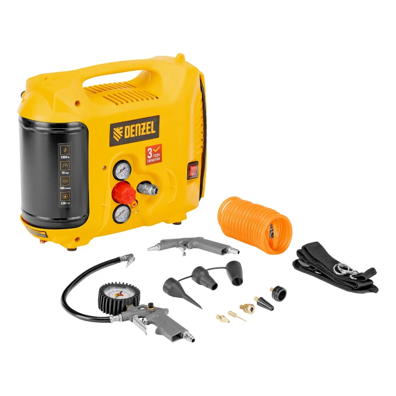 Компрессор воздушный DL1300, 10 бар, 1,3 кВт 180 л/мин 5 л, с набором аксессуаров Denzel
